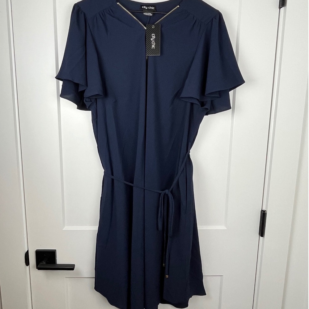 City Chic Navy Blue Sweet Fling Zip Front Flutter Sleeve Dress Plus Size Med/18